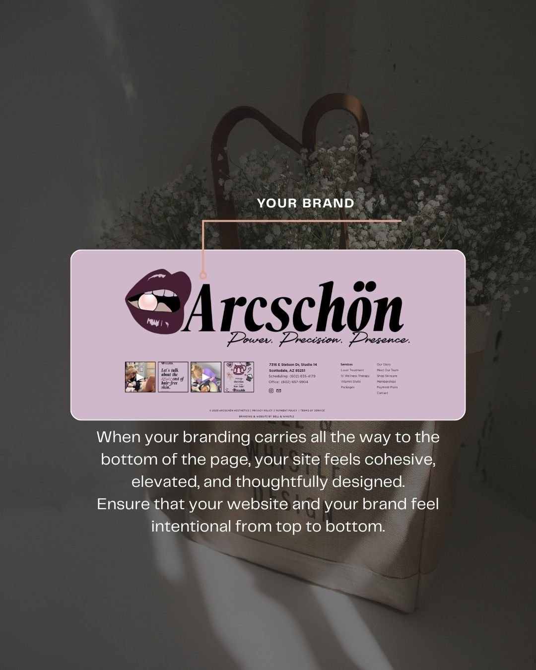 Cohesive branding example for Arcschön showing logo, brand colors, and typography carried through website footer design.
