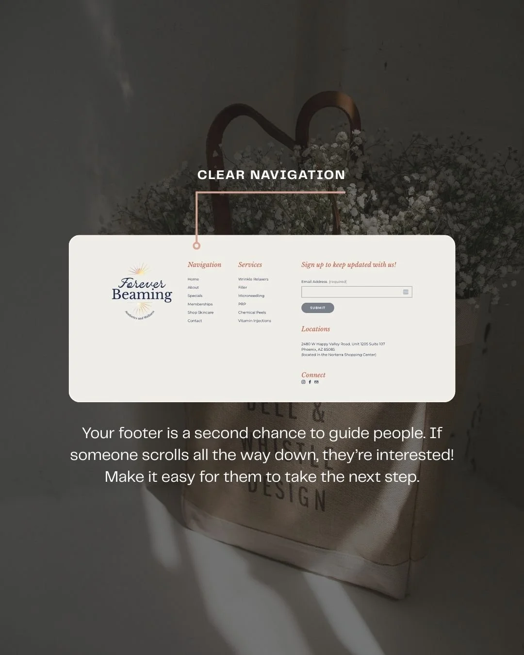 Website footer design example showing clear navigation links and call-to-action elements as website design best practices.