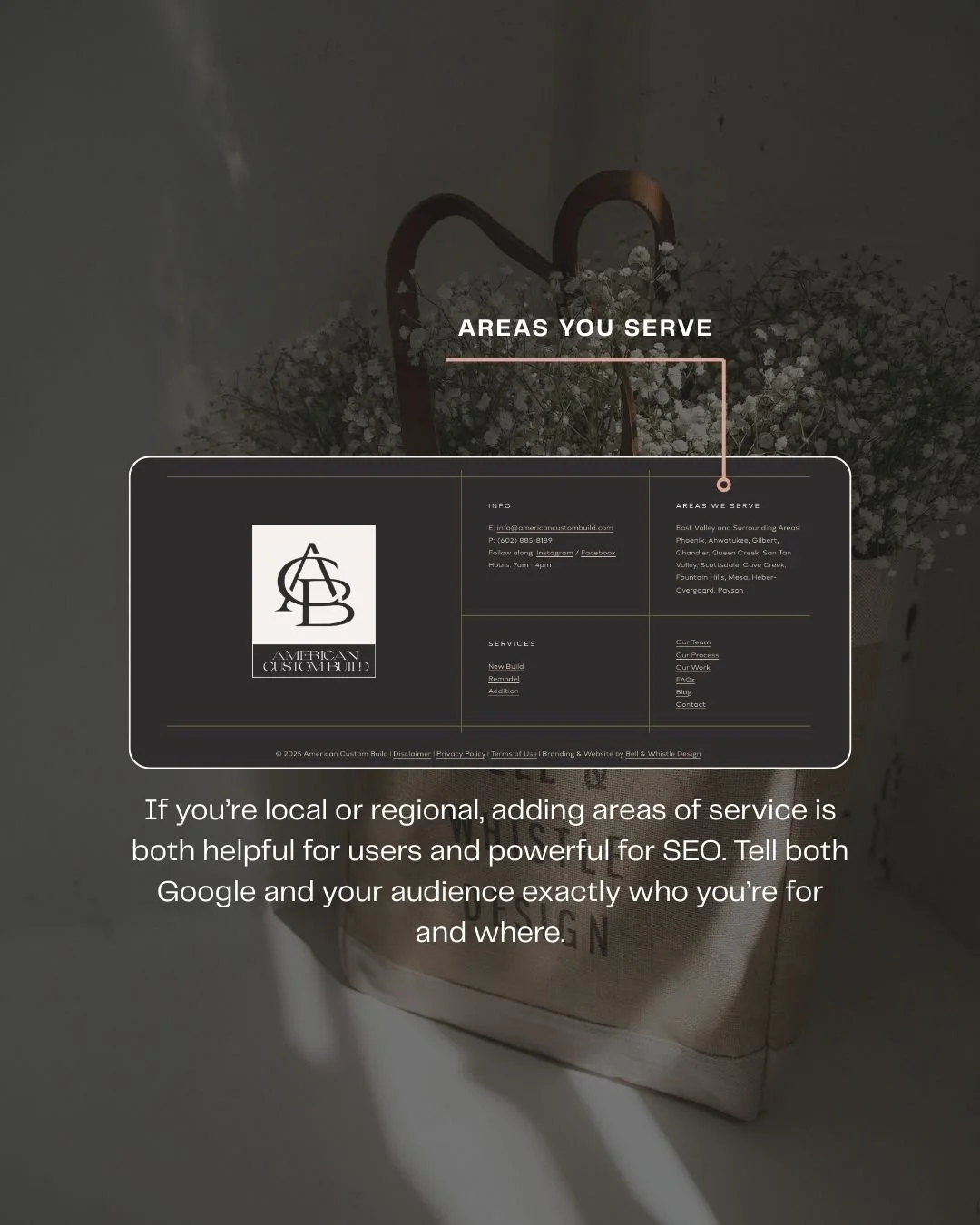 Website footer showing areas served section with local service regions, supporting cohesive branding and local SEO for small business.