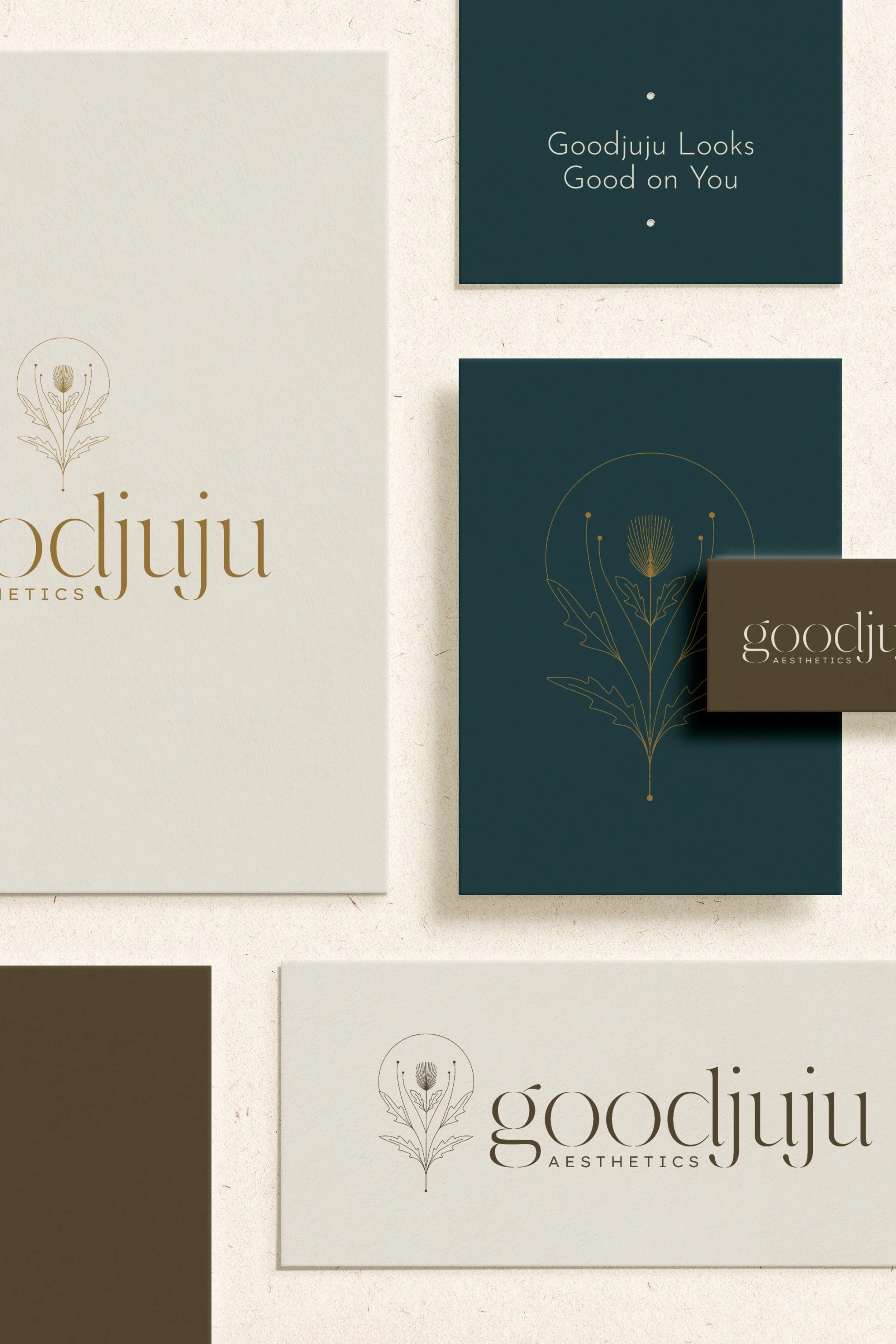 Rebranding a business example featuring logo variations and brand collateral in deep teal and gold for an aesthetics brand.
