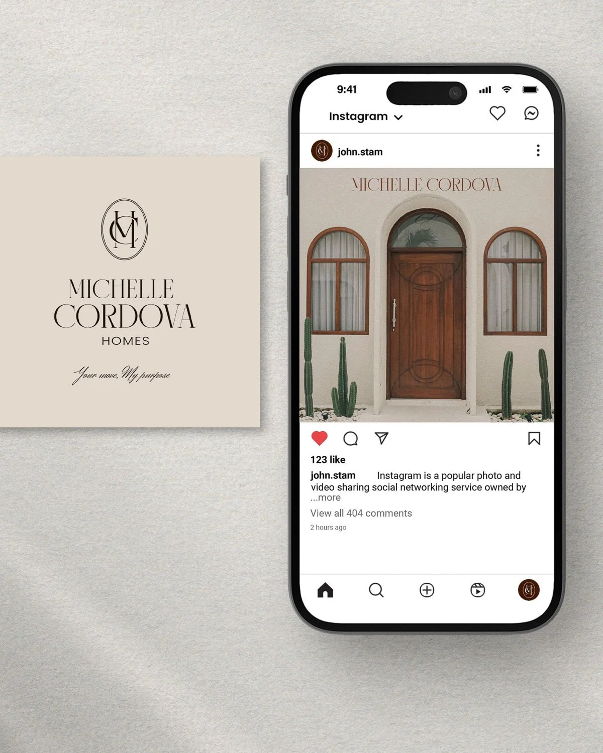 Brand design mockup showing elegant restaurant branding with neutral color palette and mobile website design.