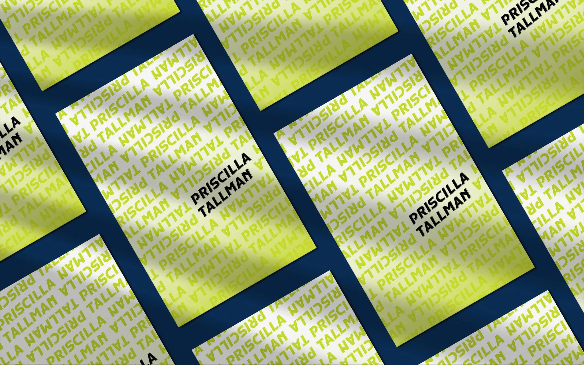 Close-up of bright yellow business cards with blue borders displaying maximalism branding design ideas.