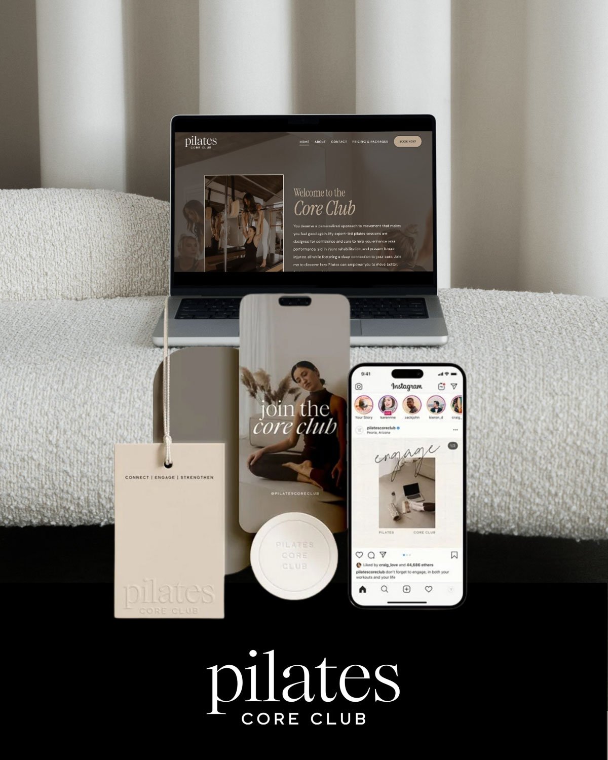 Brand message presentation on multiple devices showcasing Pilates studio branding and visual identity.