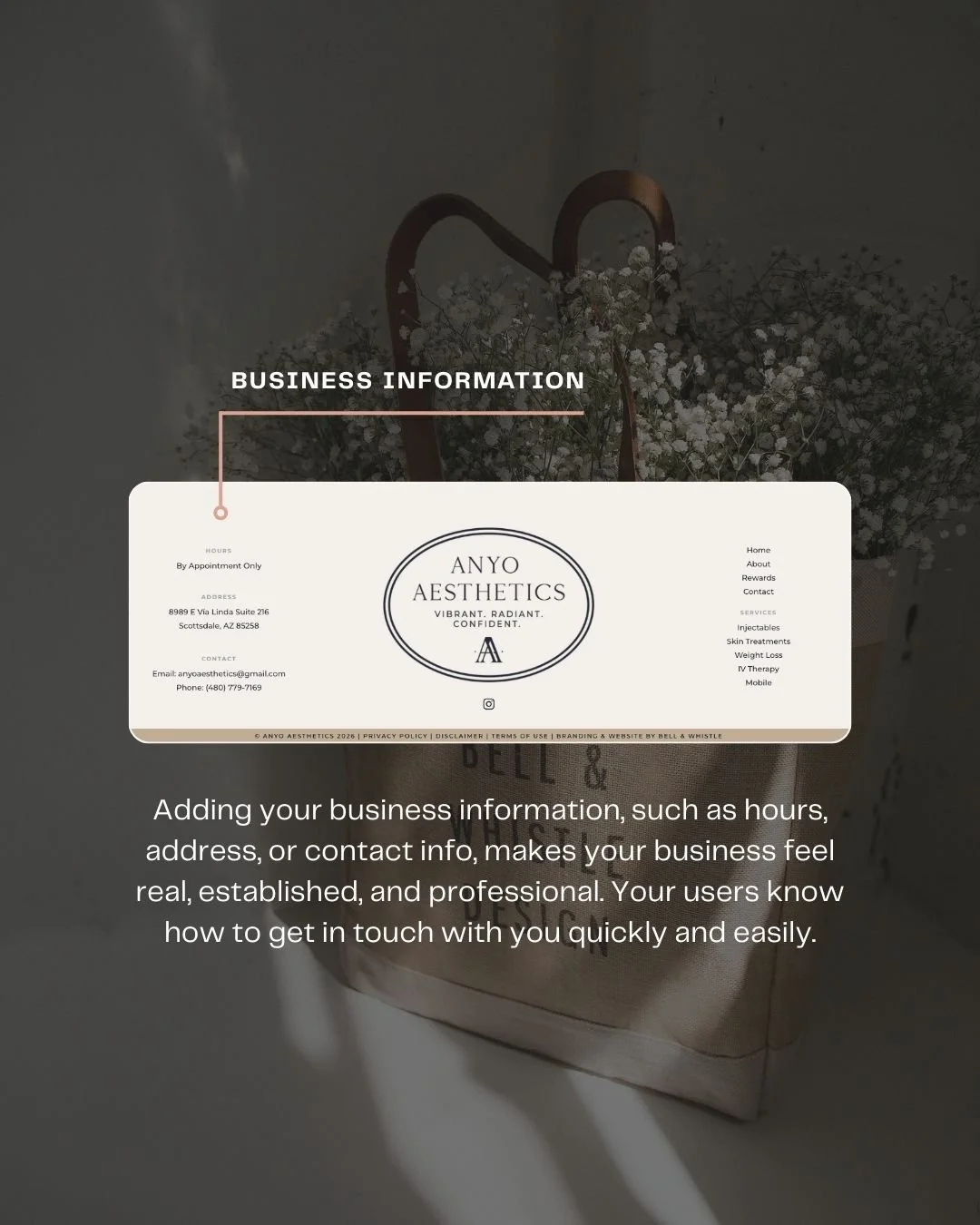 Business contact information displayed on a professional website layout showing name, address, and phone number fields for local SEO.