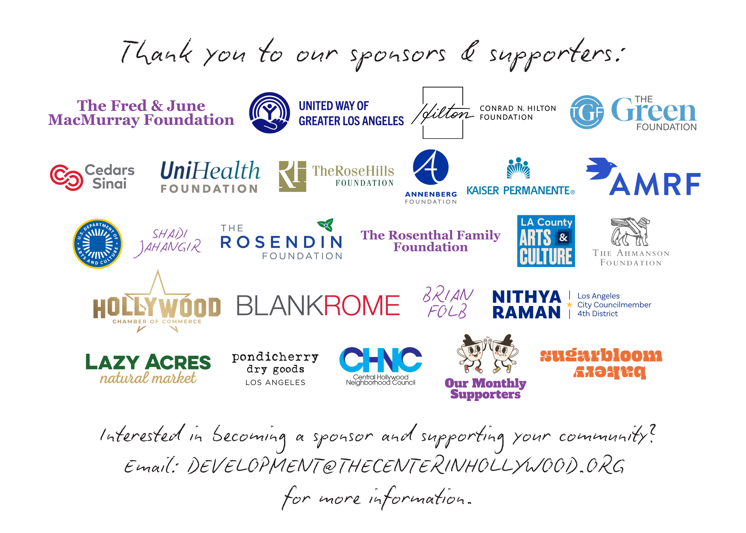 Graphic thank-you page from The Center in Hollywood that reads “Thank you to our sponsors & supporters” above a grid of sponsor logos