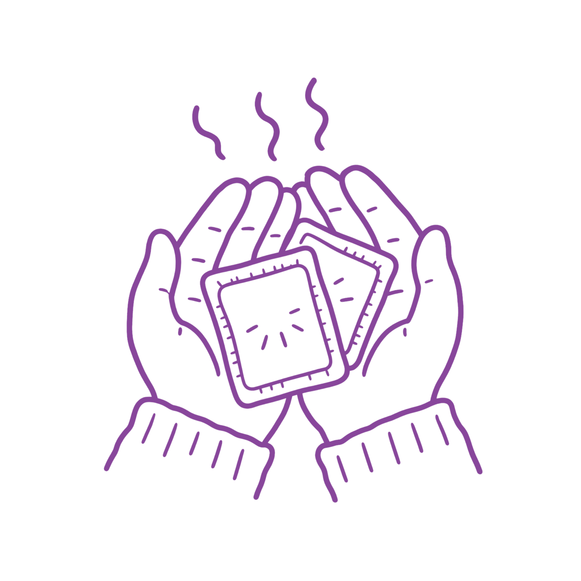 A person holding a small piece of heat pack, which is labeled 'The Heat Company'.