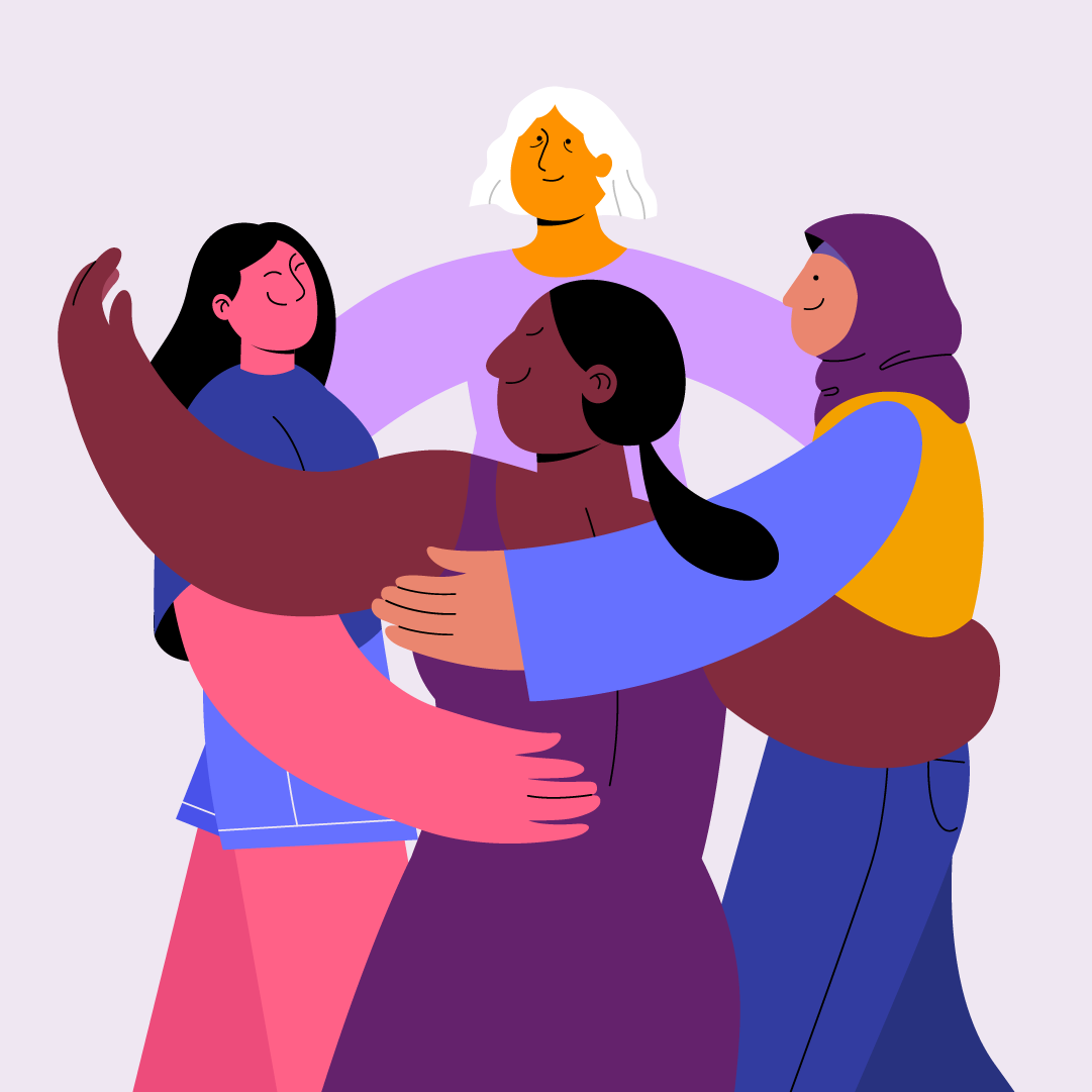 An illustration of a diverse group of women embracing in a circle