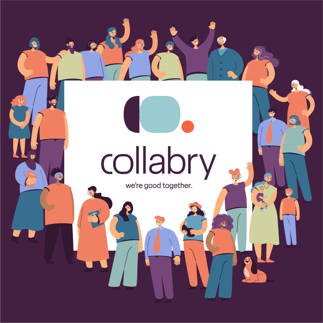 A diverse group of humans surrounding the Collabry logo