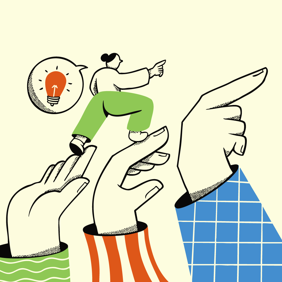 An illustration of a woman moving toward her goal on top of helping hands