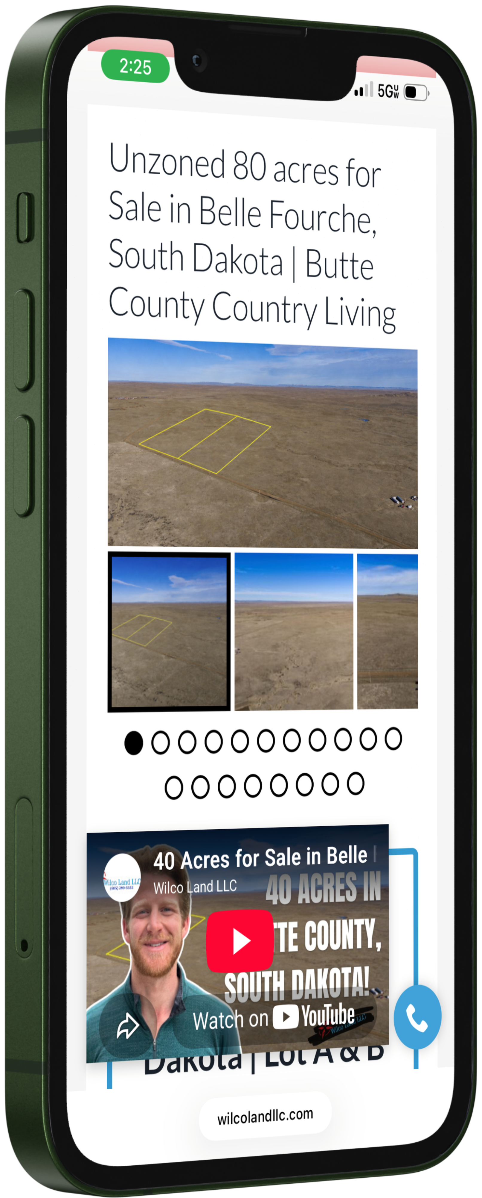 Smartphone screen displaying a real estate advertisement for 80 acres of land for sale in Belle Fourche, South Dakota, with a geographic aerial view and photos, including a portrait of a man, promotional text, and a website link.