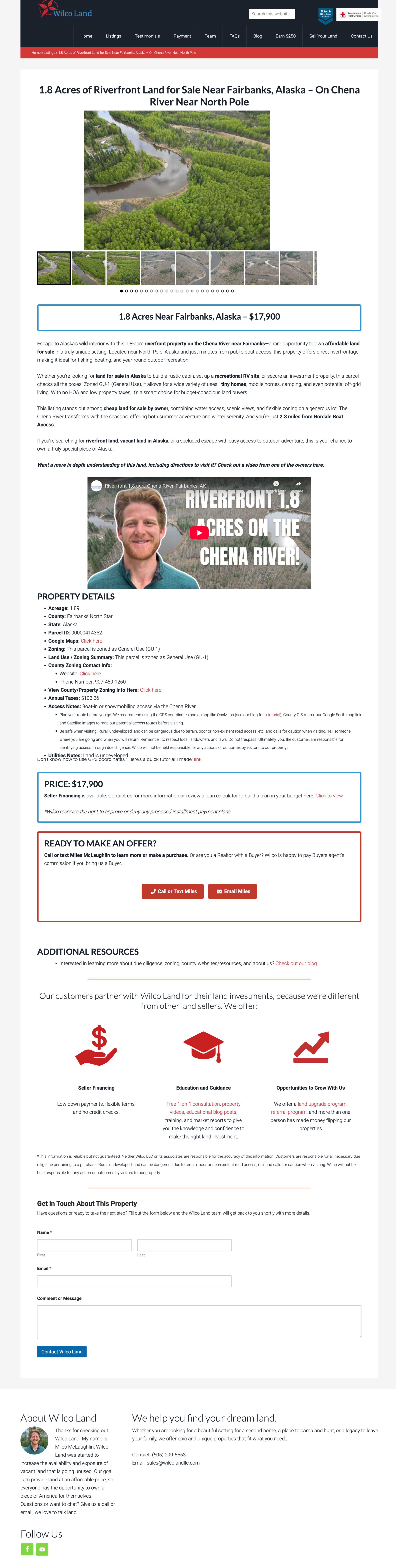 Website screenshot showing land for sale on the Chena River near Fairbanks, Alaska. The page features a large aerial photo of the river and surrounding greenery, property details, price, and contact options.