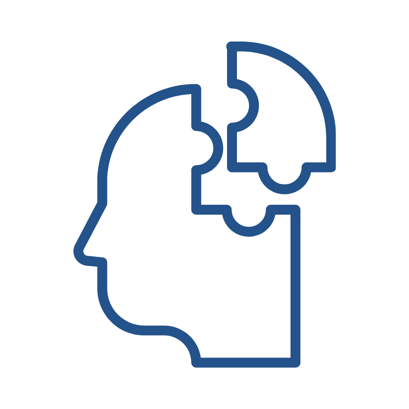 Outline of a human head in profile with a brain made of interconnected puzzle pieces.