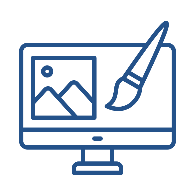 Computer monitor with a photo of a landscape on the screen and a paintbrush, representing digital photo editing or graphic design.