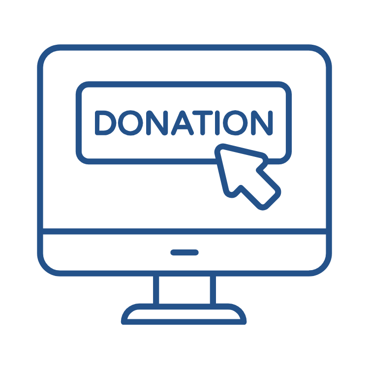 Outline of a computer monitor displaying a donation button with a cursor arrow clicking on it.