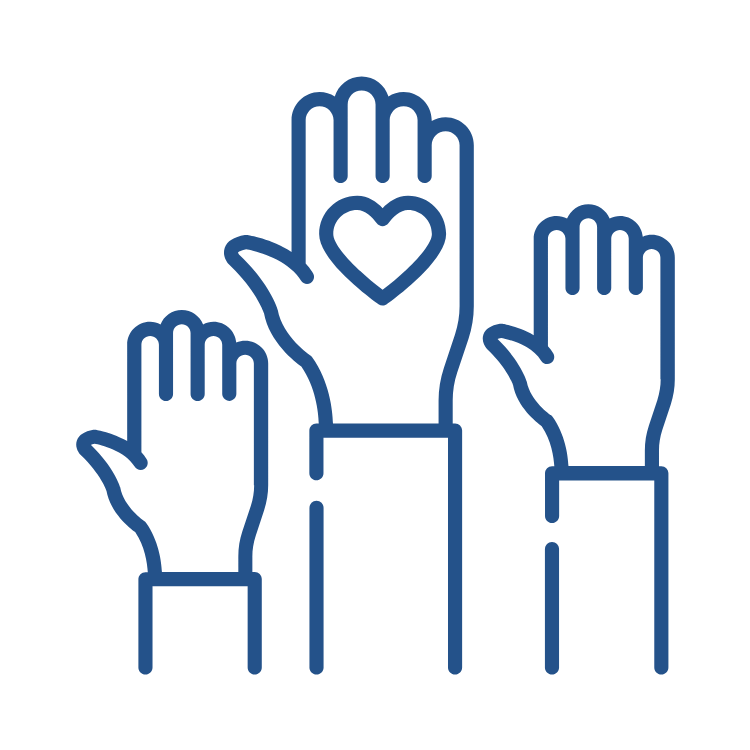 Line drawing of three hands raised, with the middle hand featuring a heart shape on the palm