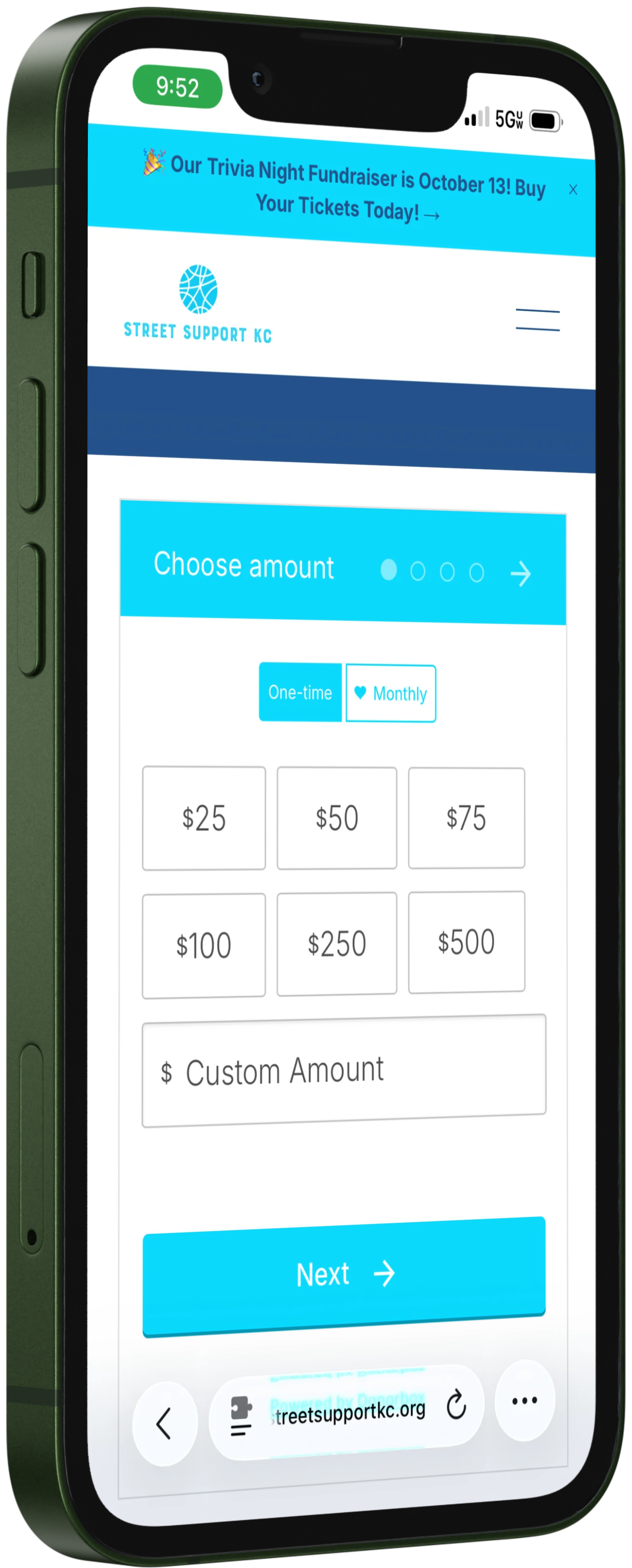 Mobile phone screen displaying a donation page for STREET SUPPORT KC with options to choose donation amounts and frequency.