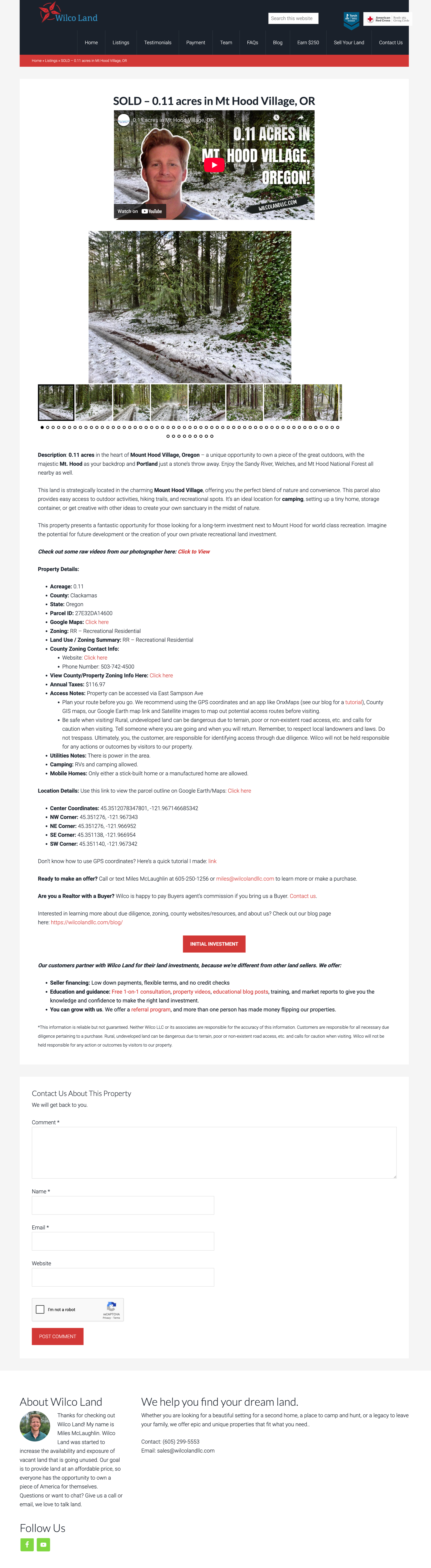 Real estate listing webpage for a sold 0.11-acre property in Mount Hood Village, Oregon, featuring a video thumbnail of a man and images of a snowy forest landscape.