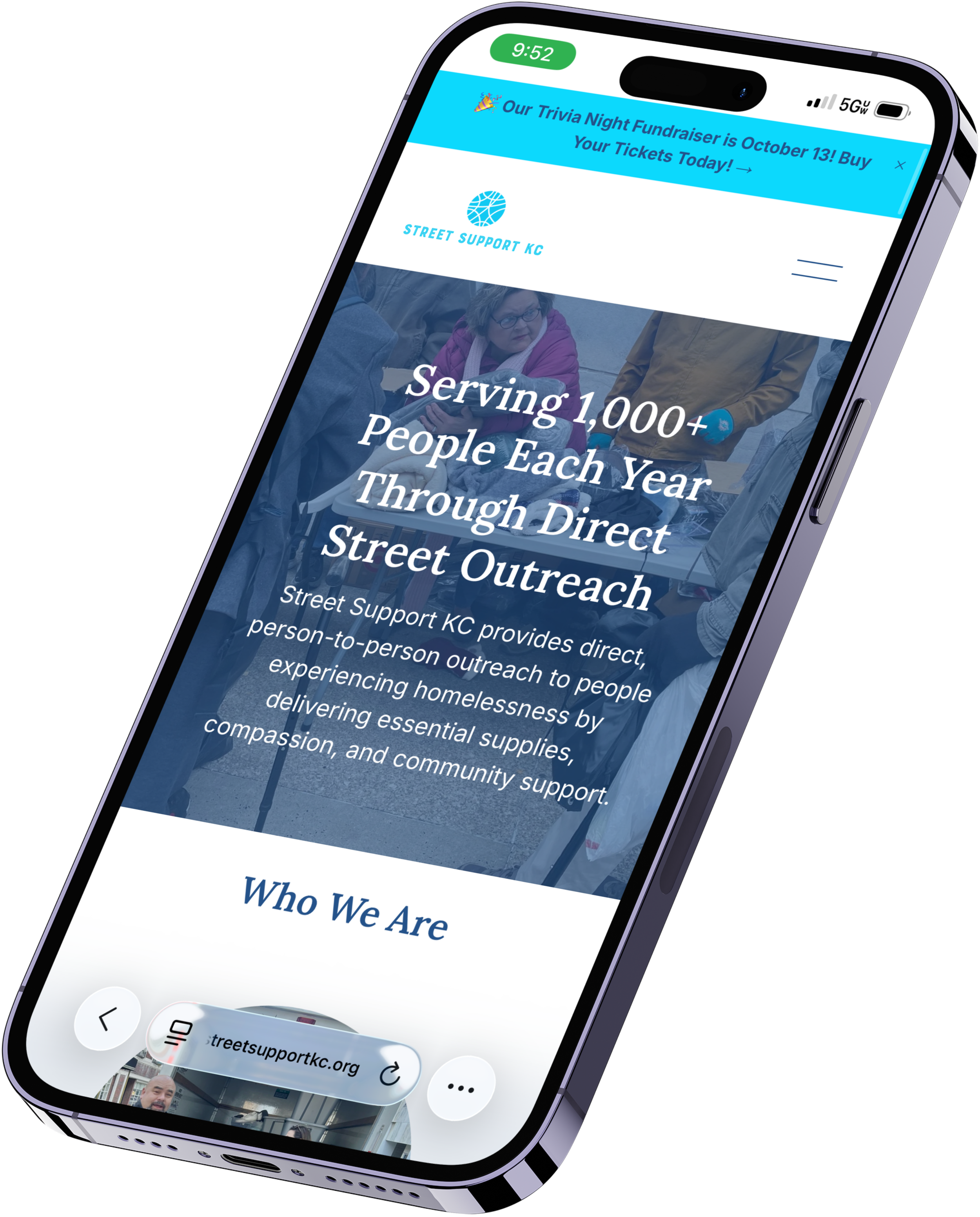 Smartphone screen displaying a website for Street Support KC, with text about serving over 1,000 people annually through direct street outreach, and a navigation bar showing the URL 'streetsupportkc.org' at the bottom.