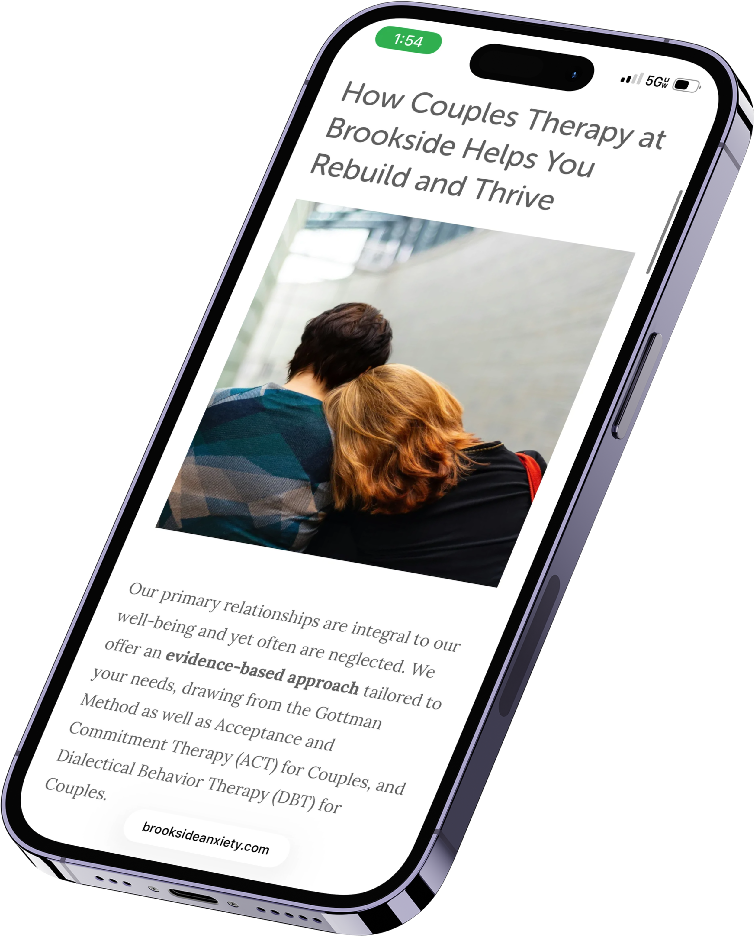 A smartphone displaying an article titled 'How Couples Therapy at Brookside Helps You Rebuild and Thrive', with a picture of two people embracing. The phone shows the time 1:54 and has a 5G signal.