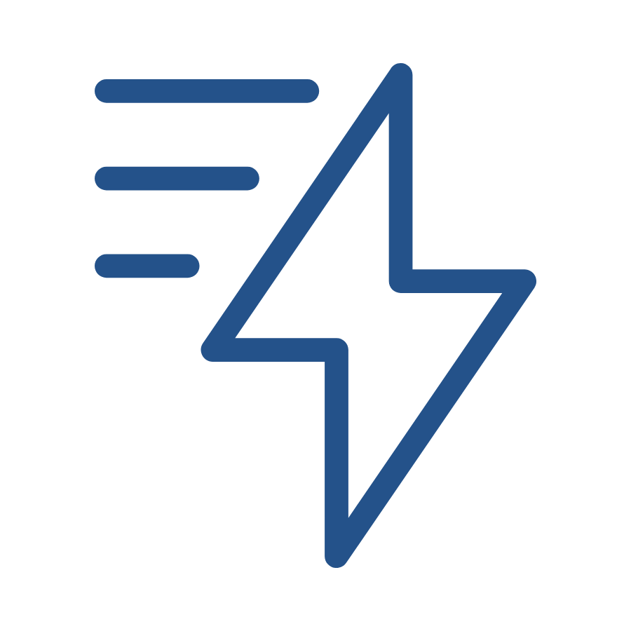 Graphic of a lightning bolt with three horizontal lines to the left, representing speed or energy.