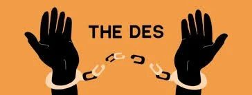 Criminal justice reform news outlet The Des uses silhouette of hands in broken handcuffs with the text "THE DES" on an orange background to convey the plight of American prisoners. 