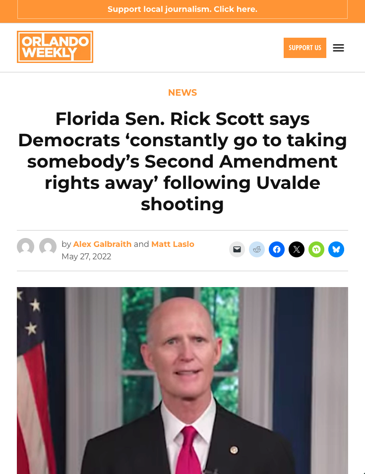 Screenshot of Orlando Weekly gun control article based on original Washington reporting from The LCB's Matt Laslo