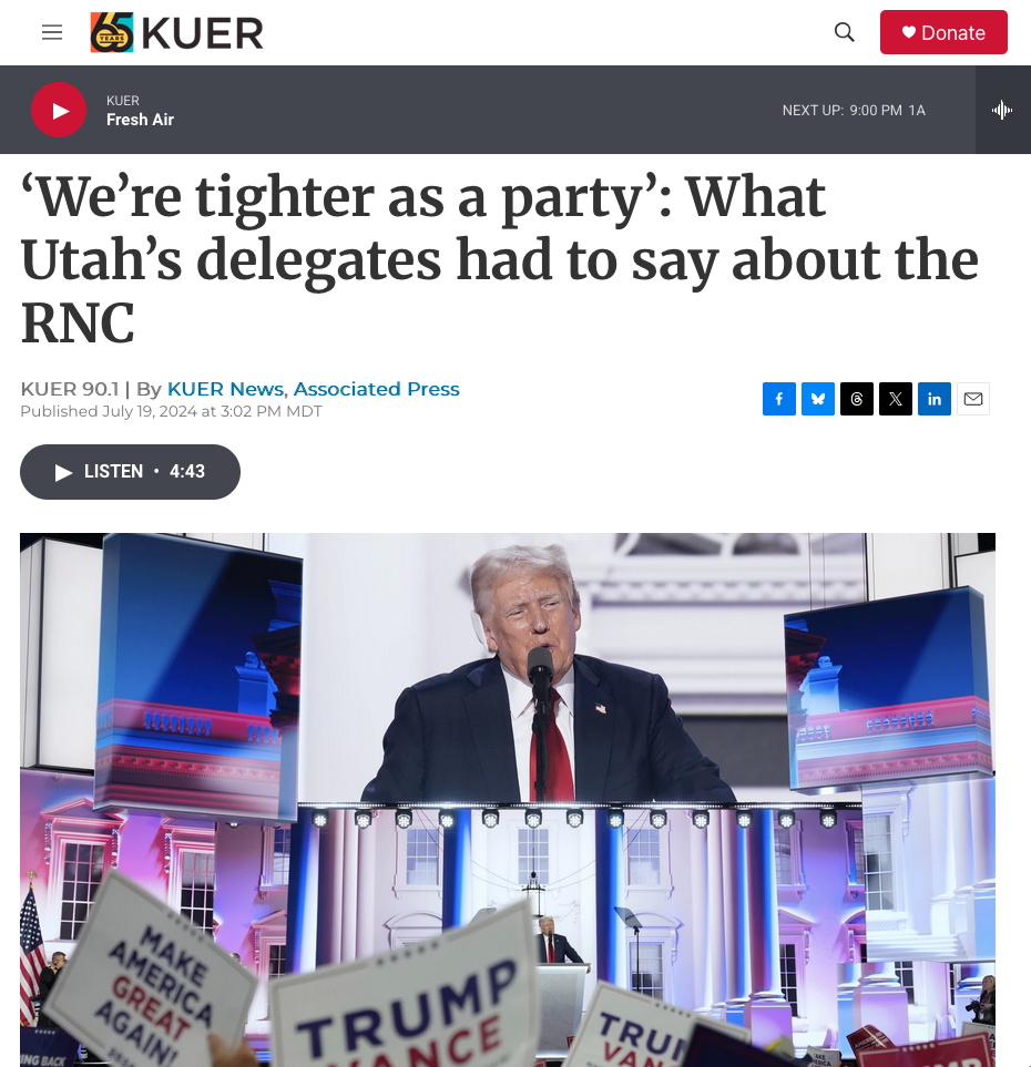 Screenshot of LCB client KUER's homepage from LCB coverage of the 2024 Republican National Convention in Milwakee