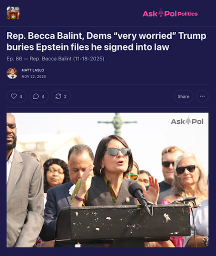 Screenshot of interactive political journalism outlet www.AskaPolPolitics.com story by Matt Laslo