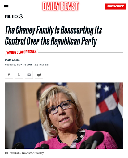 Screenshot of Daily Beast feature photo of Liz Cheney addressing press corps in pink blazer, which accompanies LCB founder Matt Laslo's exclusive feature