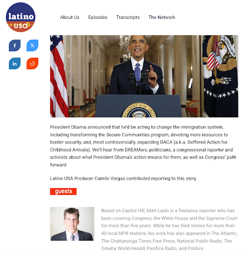 Screenshot of Latino USA feature photo of President Barack Obama addrressing nation on immigration reform from the White House