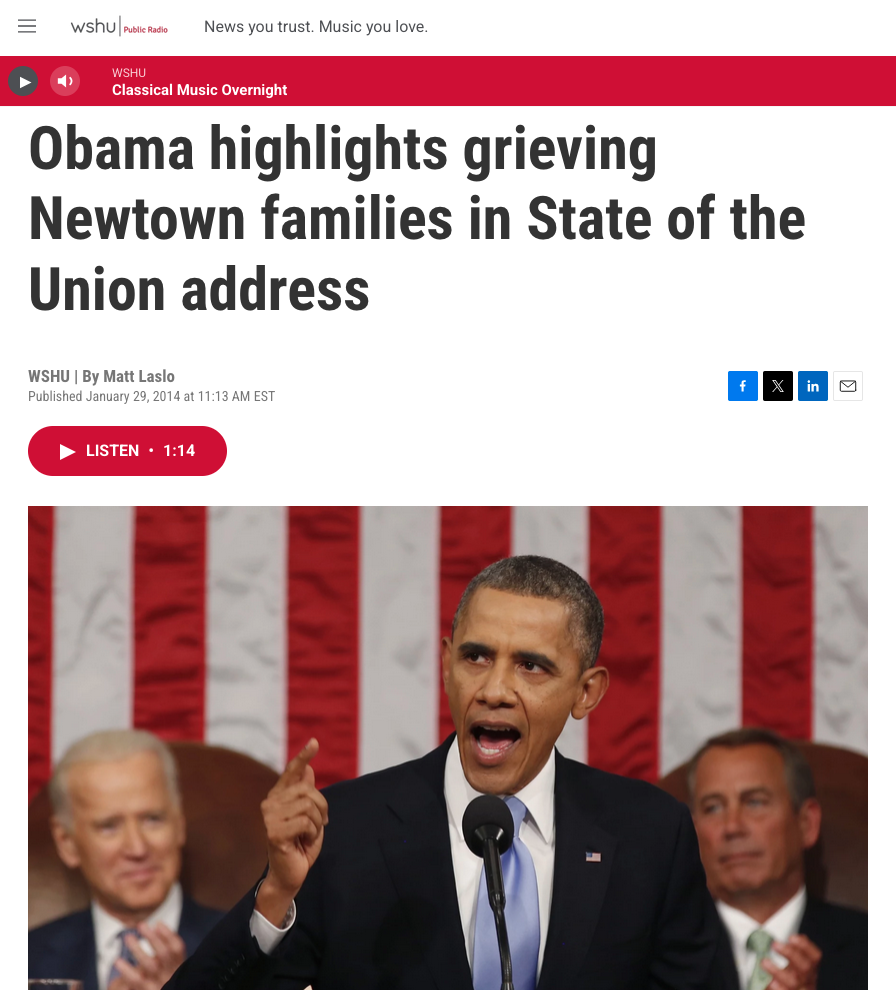 Screengrab of exclusive from The LCB of President Obama demanding Congress act on gun control after Newtown shooting in 2014 State of Uniuon address
