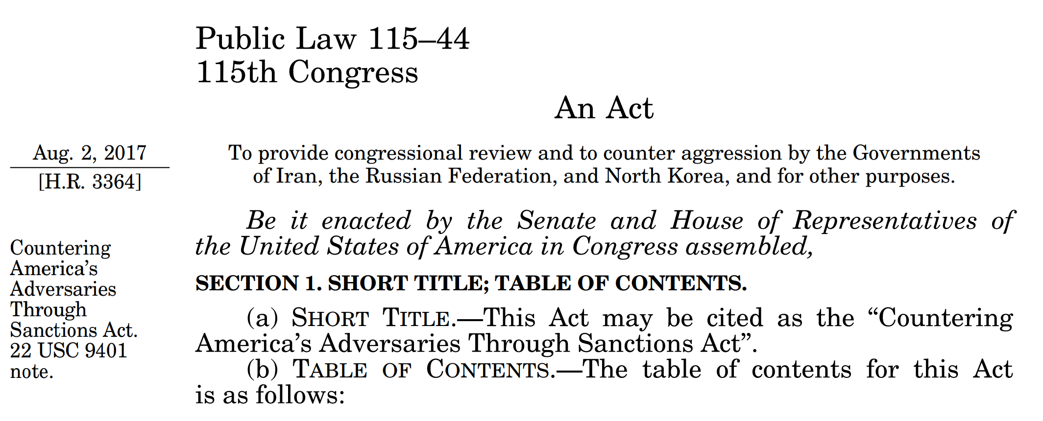Screenshot of Countering America's Adversaries Through Sanctions Act (CAATSA)
