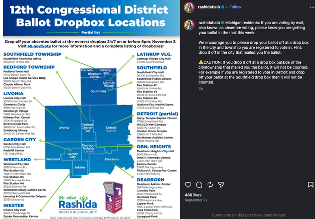PSA: Screengrab of Rep. Rashida Tlaib's Instagram post directing her constituents to the right polling places in her Michigan district. Source: Instagram