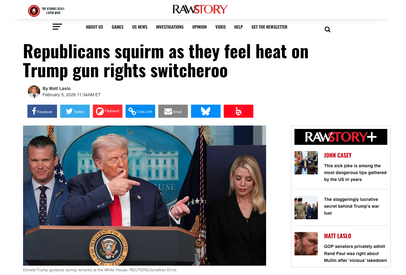 Screenshot of The LCB founder Matt Laslo's gun rights feature for LCB client Raw Story