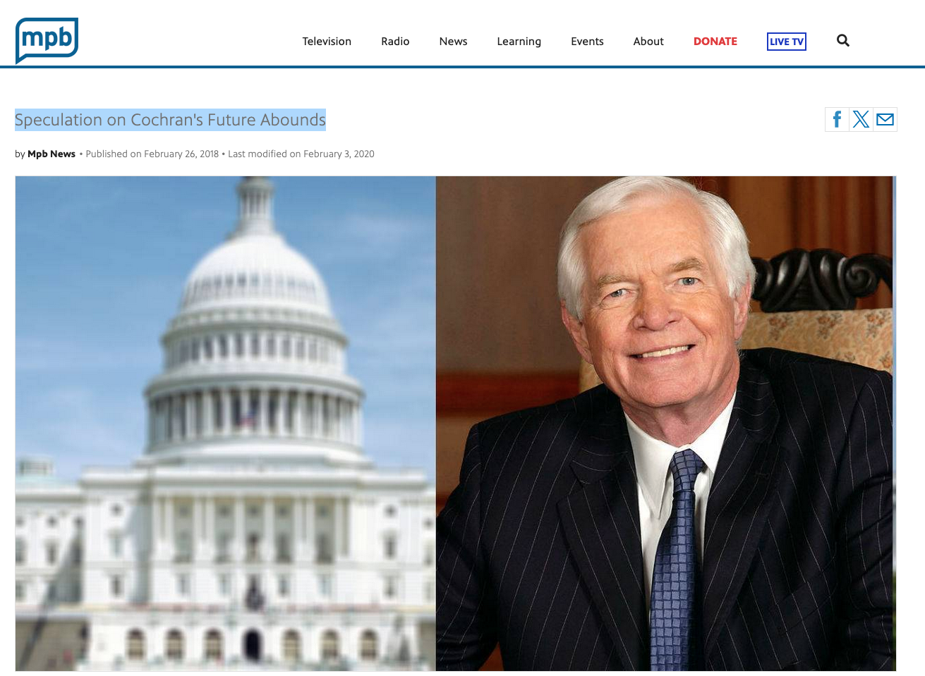 Screengrab of LCB client's Mississippi Public Broadcasting's featured photo of former US Sen. Thad Cochran