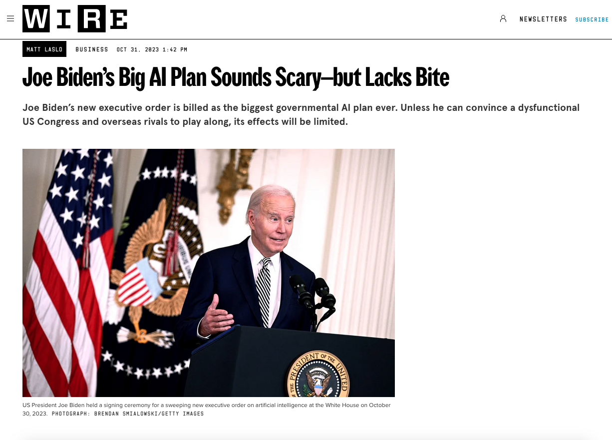 President Joe Biden smiling as The LCB's Matt Laslo cover artificial inteligence announcment at WHite House hoisotric