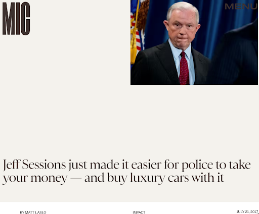 Screenshot of MIC's feature photo of Attorney General Jeff Sessions accompanying Matt Laslo and LCB's feature on police abuses of power