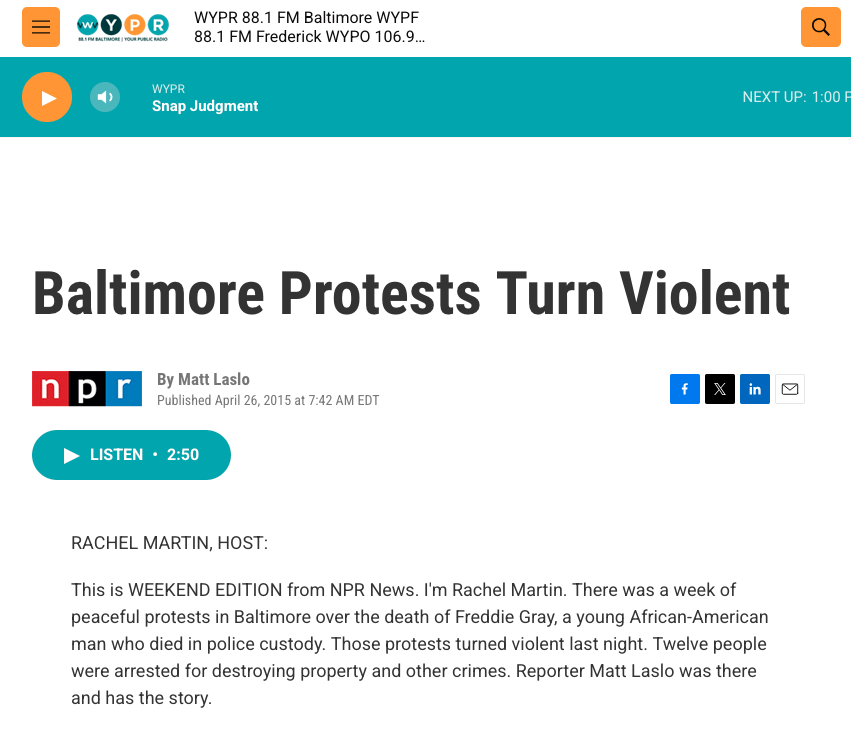 Screengrab of The LCB's Matt Laslo's Weekend Edition feature on violent Freddie Gray protests