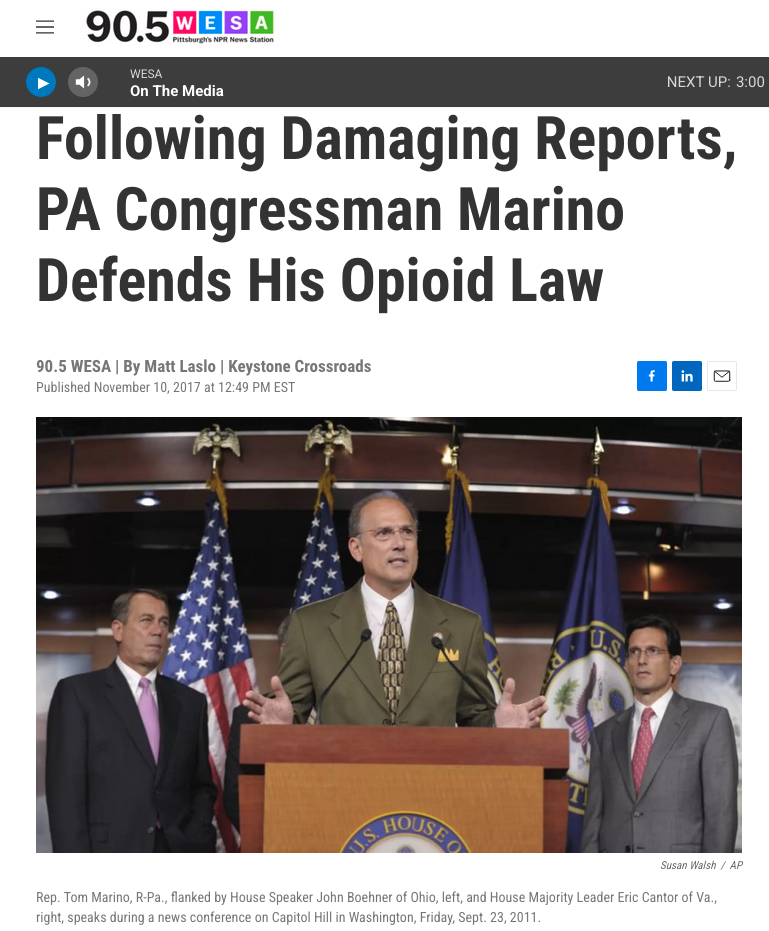 Screengrab of WESA post which has a picture of Rep. Marino addressing press in US Capitol as feature photo
