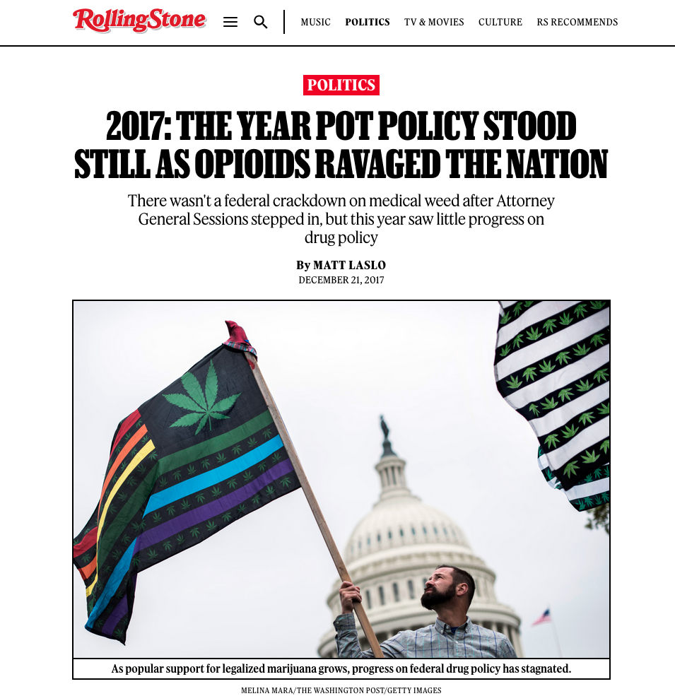 Screenshot of LCB founder Matt Laslo's Rolling Stone feature on opioid crisis and cannabis reform under AG Jeff Sessions