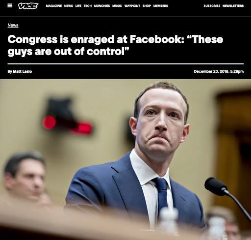 Screenshot of Facebook CEO Mark Zuckerberg testifying before Congress which is VICE News feature photo with LCB founder Matt Laslo's exclusive tech and social media feature