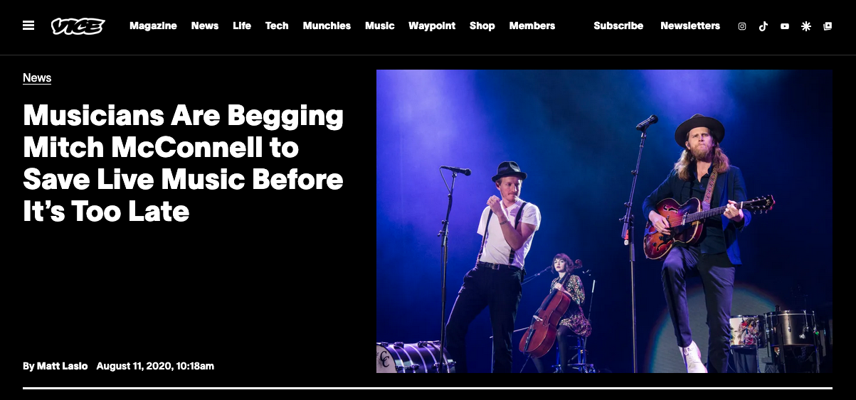 Screengrab of feature photo of Lumineers playing live concert LCB founder Matt Laslo's breaking news feature on local music venues during Covid pandemic