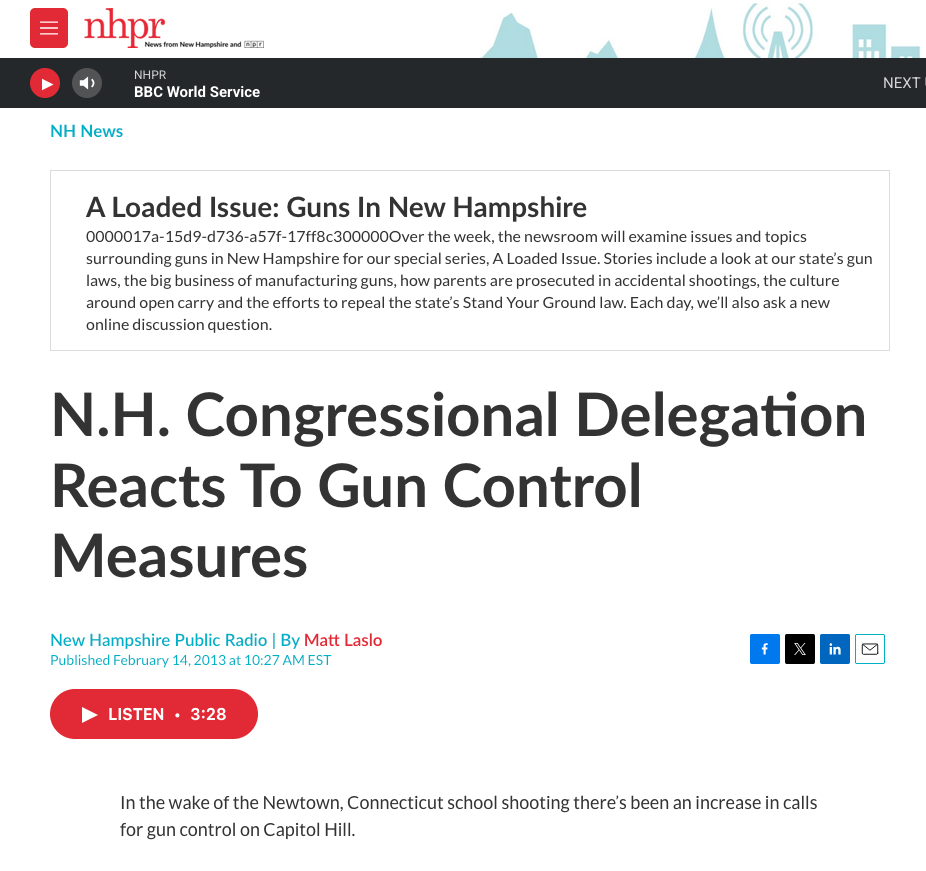 Screenshot of LCB's exclusive gun violence coverage for NHPR from Matt Laslo in Washington