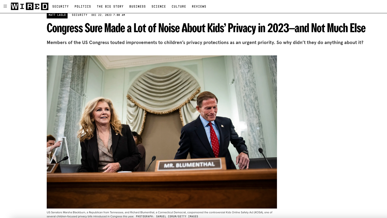 Screenshot of US Senators Marsha Blackburn and Richard blumenthal on KOSA, Kids Privacy Act