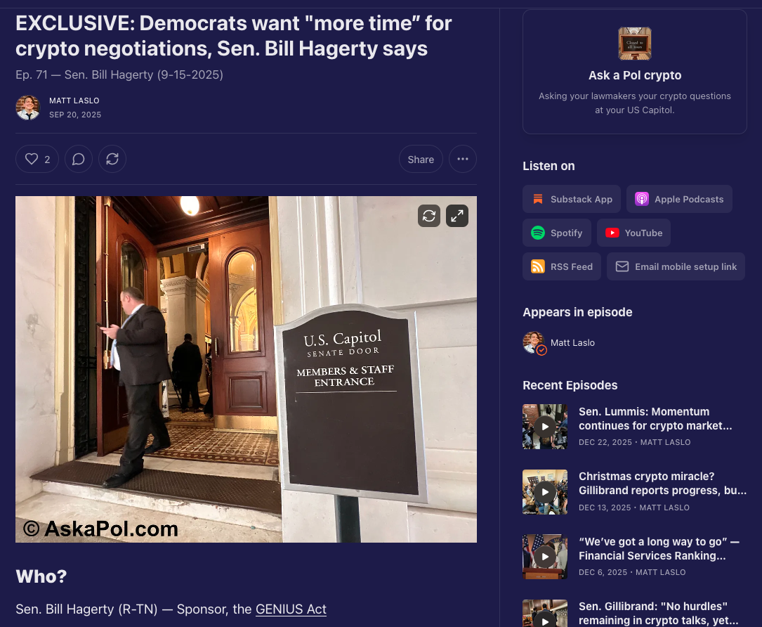 Screengrab of LCB founder Matt Laslo's Ask a Pol Crypto exclusive with stablecoin author Sen. Bill Hagerty
