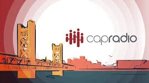 Illustration of a suspension bridge with city skyline and "capradio" logo