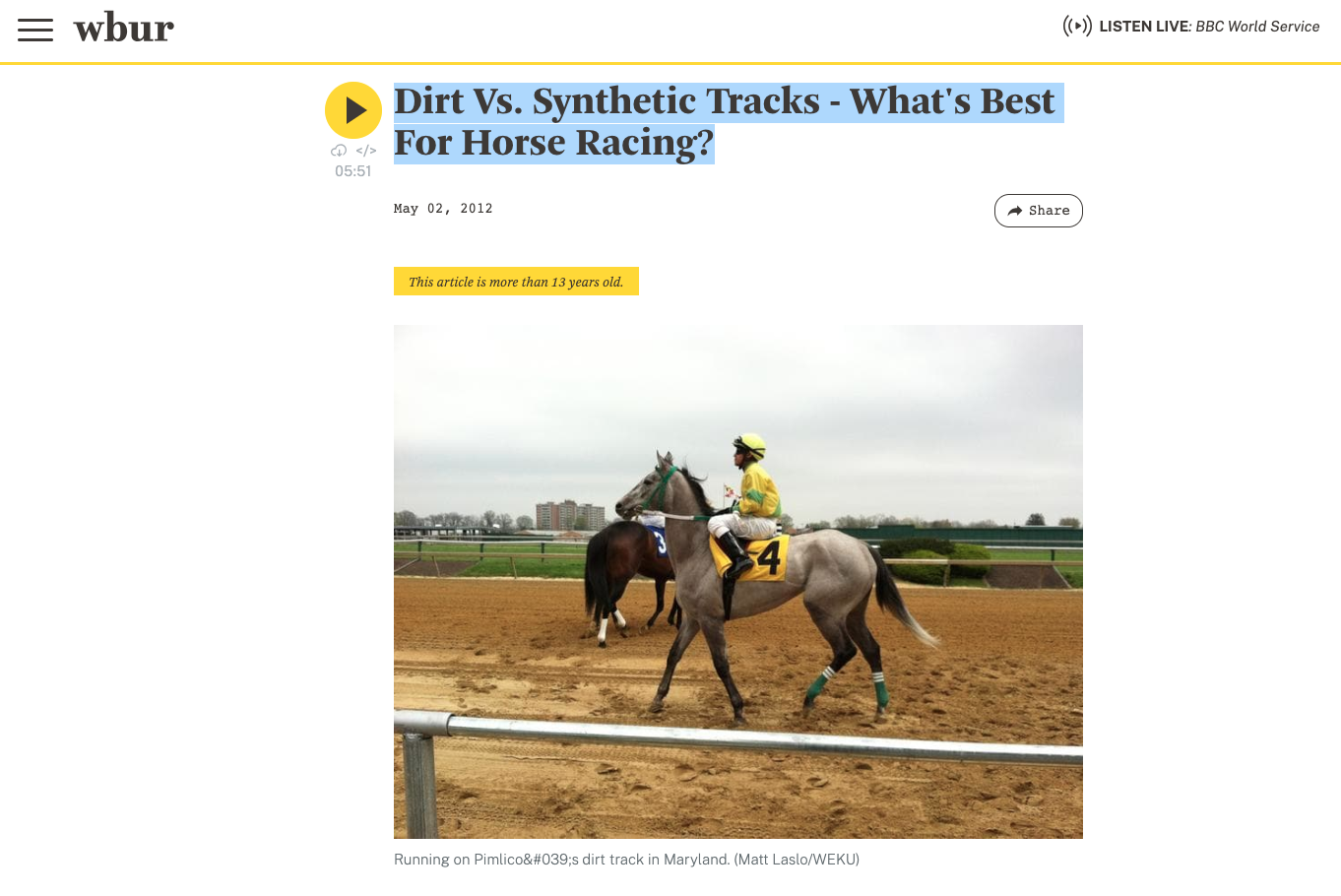 Screenshot of LCB founder Matt Laslo's coverage of horse racing for WBUR, Boston NPR