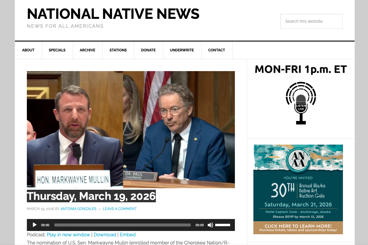 Screenshot of LCB founder Matt Laslo's exclusive feature for National Native News on Cherokee Nation member Mullin's confirmation hearing in Washington, DC