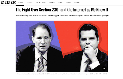Sen. Ron Wyden with blue background and Rep Matt gaetz with red background in side by side feature photo accompanying LCB founder Matt Laslo's data privacy exclusive on Section 230 quoted in 20+ law reviews