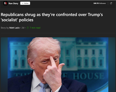 Screenshot of Raw Story feature photo that accompanied Laslo's feature from Raw Story's homepage of Trump pointing to his forehead